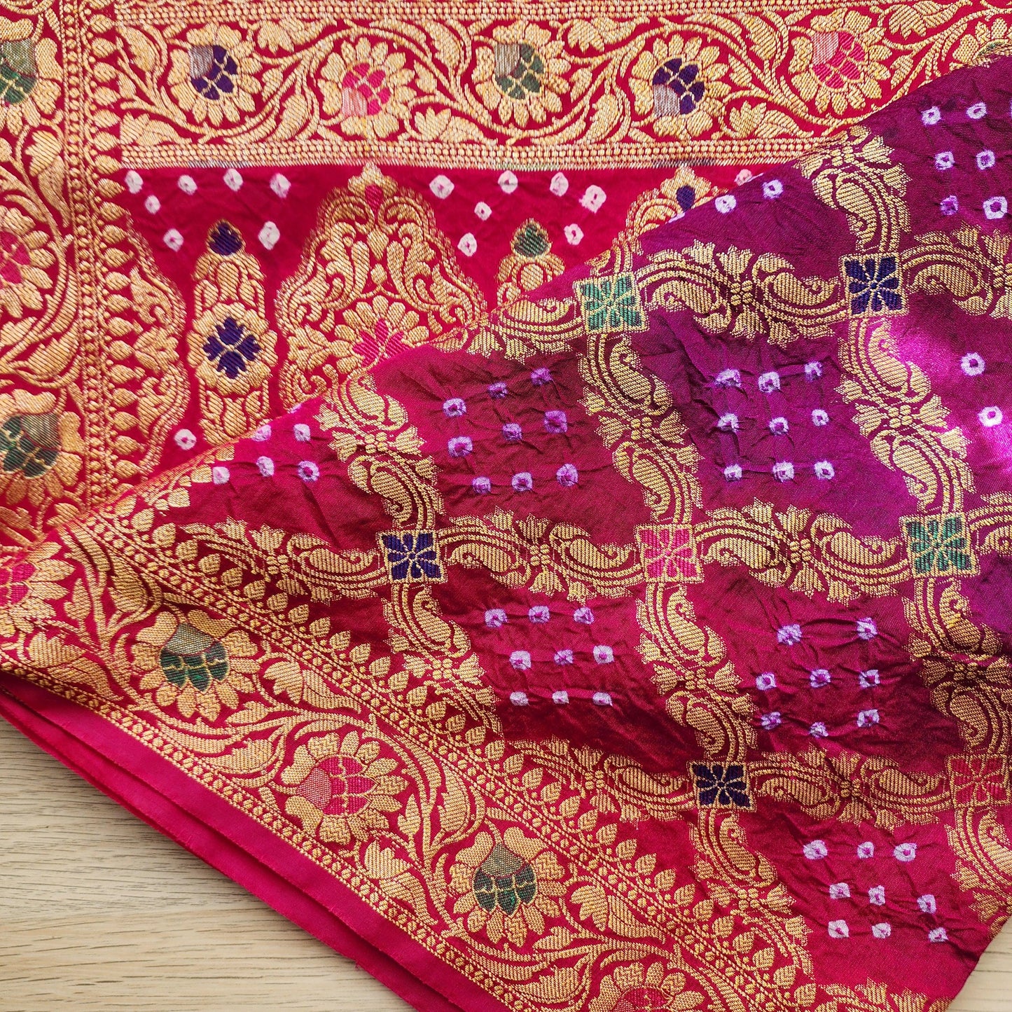 Banarasi Handwoven Bandhni Dupatta in Purple & Rani Pink, Beautiful Banarsi weaving in Gold