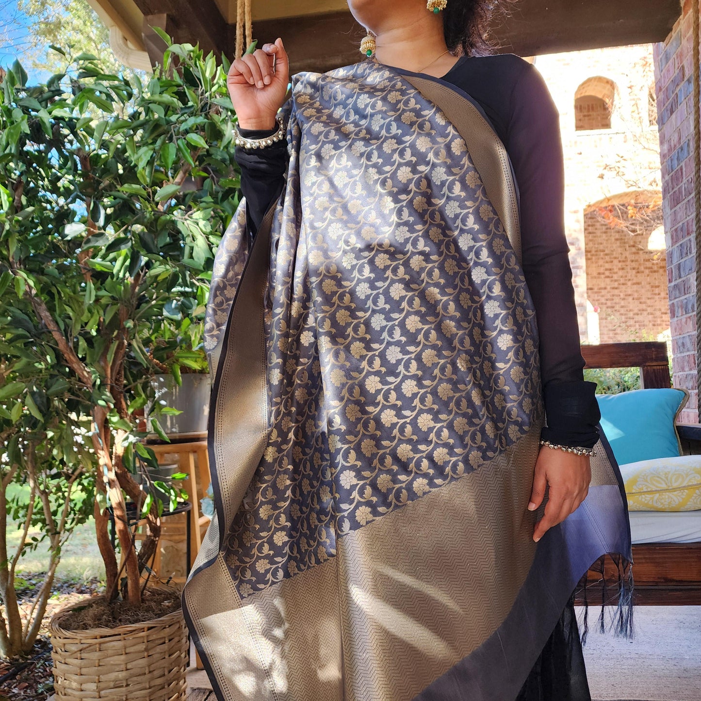 Banarasi Silk Gray Dupatta with gold handweaving, Indian traditional and Festive designer dupatta, luxurious soft Banarsi dupatta