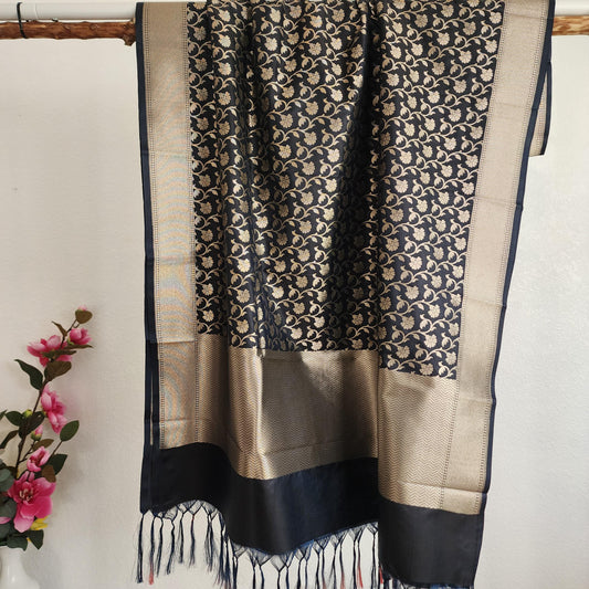 Banarasi Silk Navy Blue Dupatta with gold handweaving, Indian traditional and Festive designer dupatta, luxurious soft Banarsi dupatta