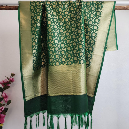 Banarasi Silk Dark Green Dupatta with gold handweaving, Indian traditional and Festive designer dupatta, luxurious soft Banarsi dupatta