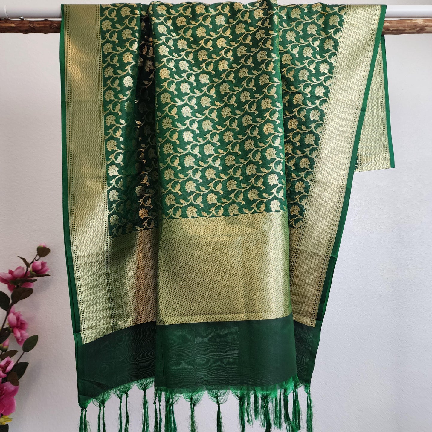 Banarasi Silk Dark Green Dupatta with gold handweaving, Indian traditional and Festive designer dupatta, luxurious soft Banarsi dupatta