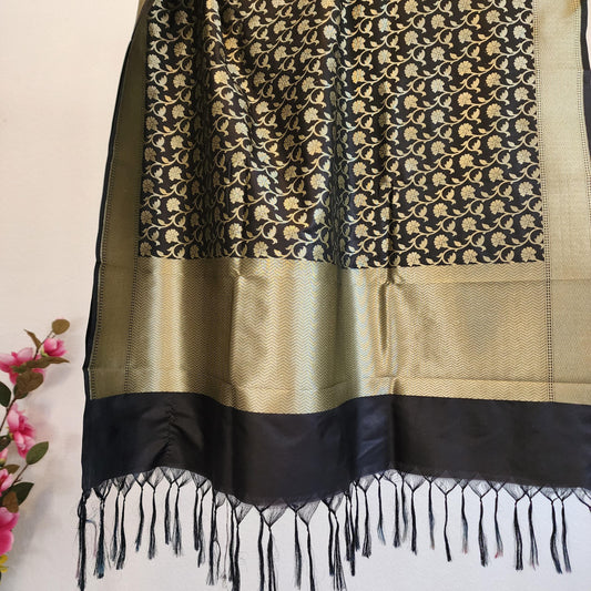 Banarasi Silk Black Dupatta with gold handweaving, Indian traditional and Festive designer dupatta, luxurious soft Banarsi dupatta