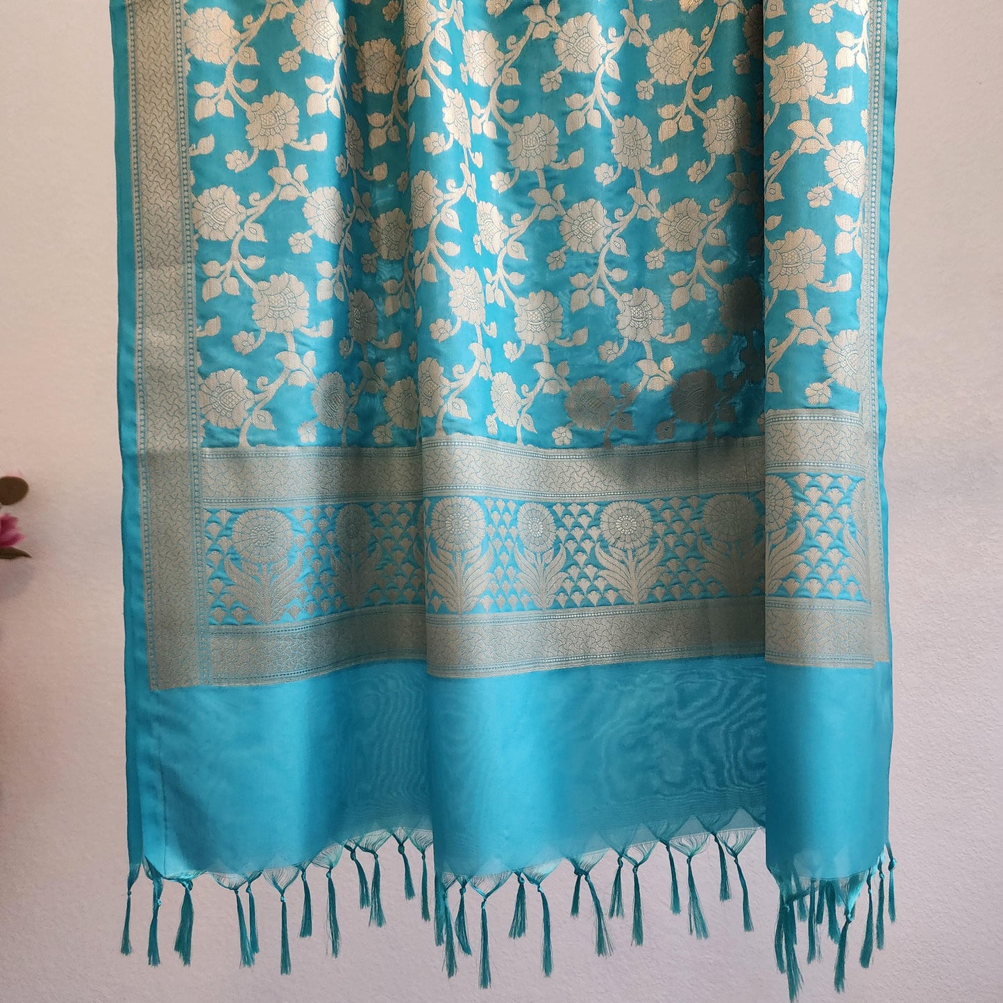 Banarasi Silk Sky Blue Dupatta with gold handweaving, Indian traditional and Festive designer dupatta, luxurious soft Banarsi dupatta