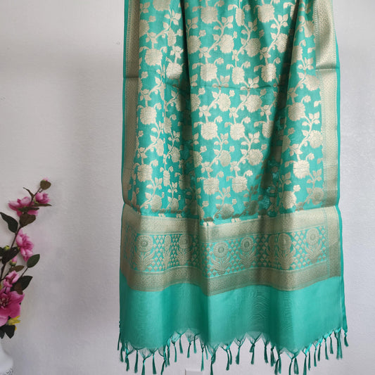 Banarasi Silk Aqua Green Dupatta with gold handweaving, Indian traditional and Festive designer dupatta, luxurious soft Banarsi dupatta