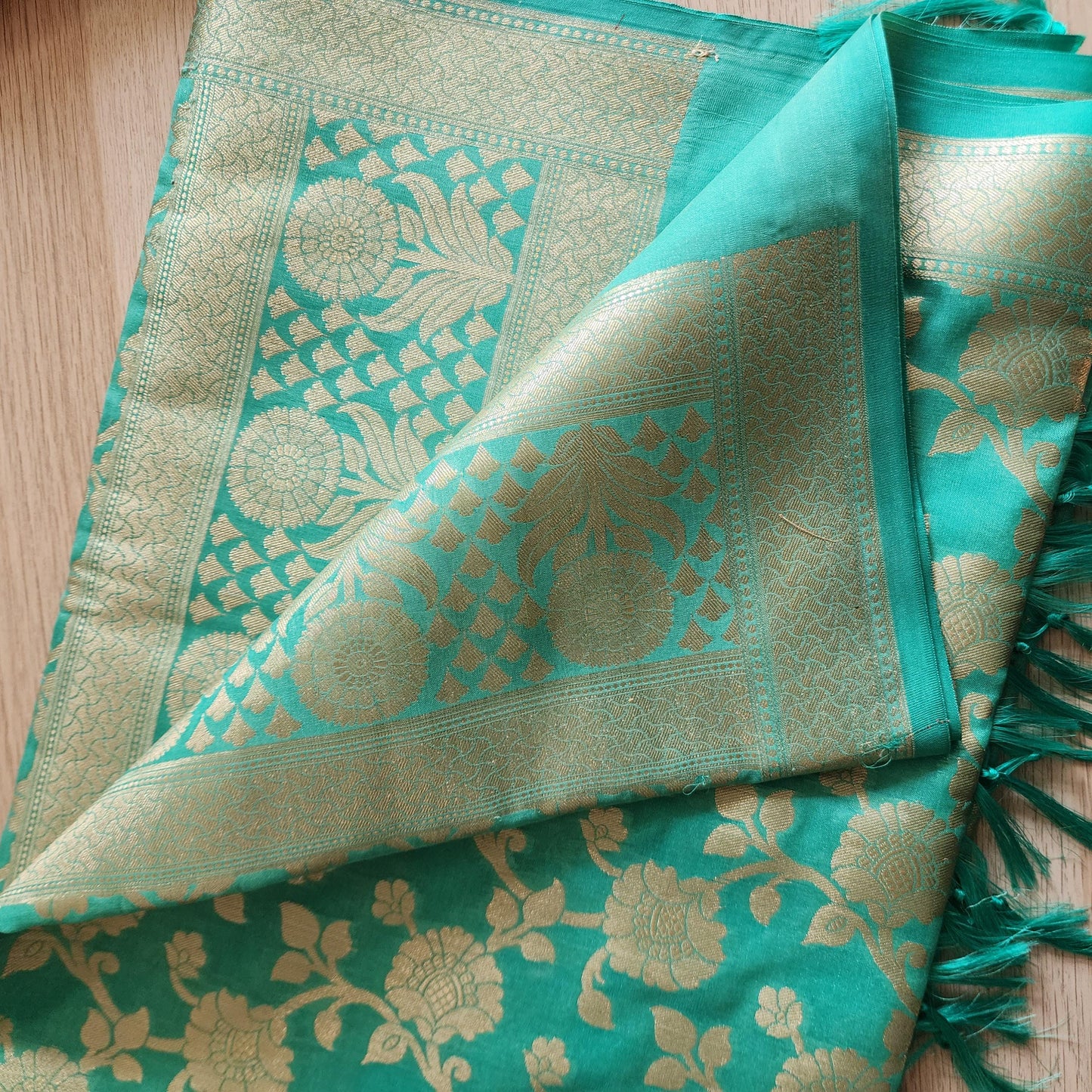 Banarasi Silk Aqua Green Dupatta with gold handweaving, Indian traditional and Festive designer dupatta, luxurious soft Banarsi dupatta