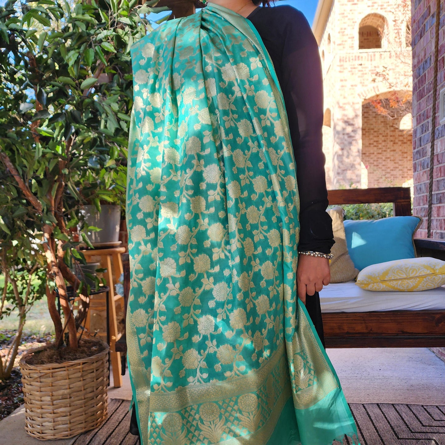 Banarasi Silk Aqua Green Dupatta with gold handweaving, Indian traditional and Festive designer dupatta, luxurious soft Banarsi dupatta