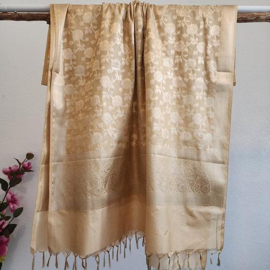 Banarasi Silk Beige Dupatta with gold handweaving, Indian traditional and Festive designer dupatta, luxurious soft Banarsi dupatta