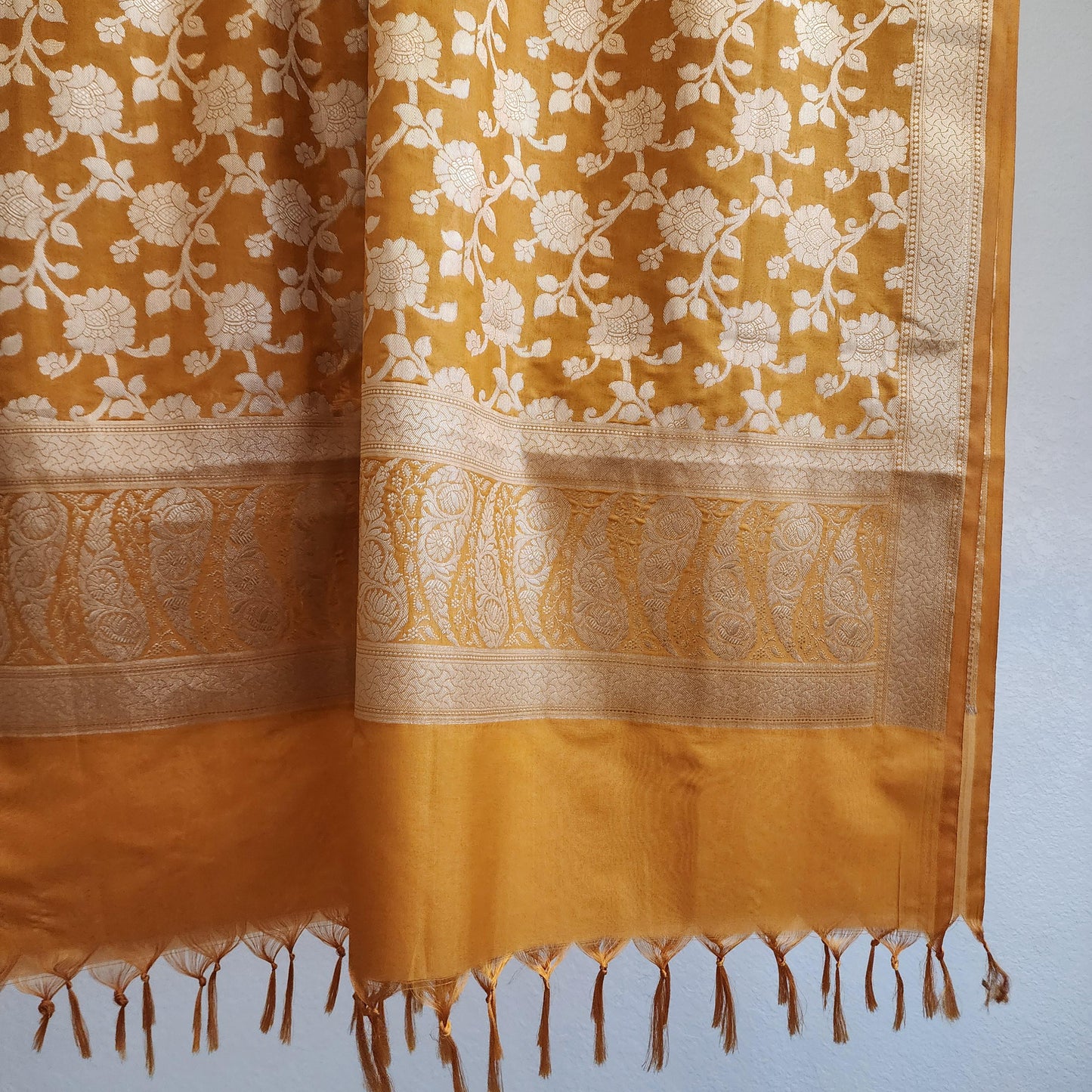 Banarasi Silk Mustard Yellow Dupatta with gold handweaving, Indian traditional and Festive designer dupatta, luxurious soft Banarsi dupatta