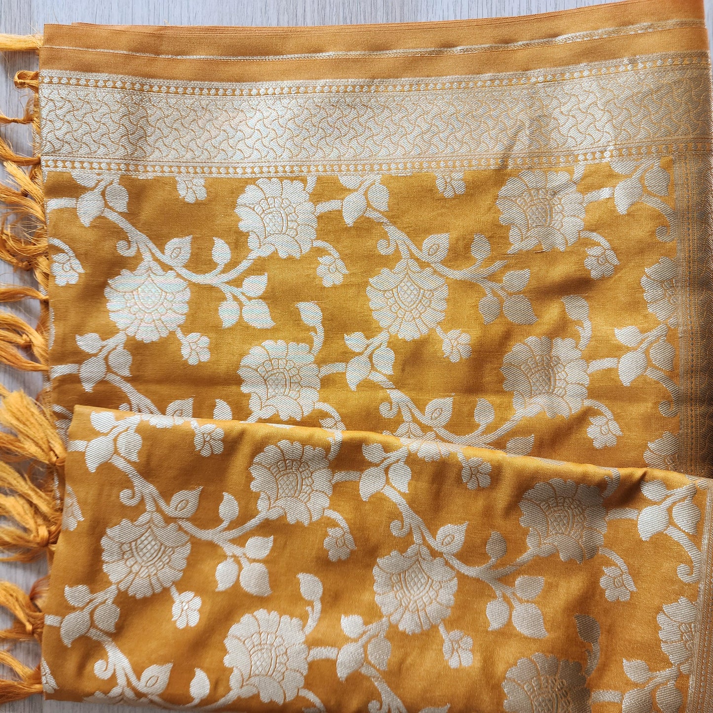 Banarasi Silk Mustard Yellow Dupatta with gold handweaving, Indian traditional and Festive designer dupatta, luxurious soft Banarsi dupatta