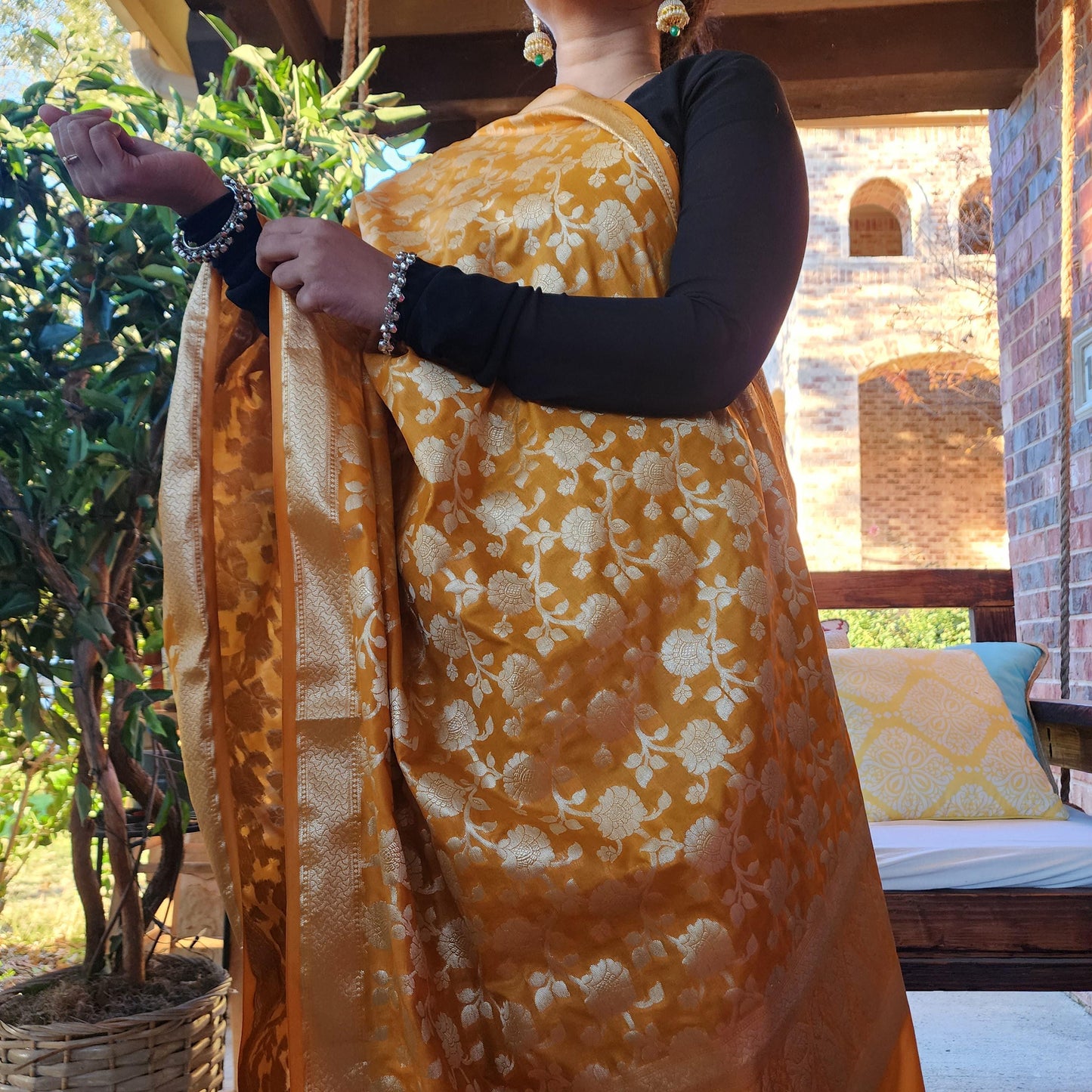 Banarasi Silk Mustard Yellow Dupatta with gold handweaving, Indian traditional and Festive designer dupatta, luxurious soft Banarsi dupatta