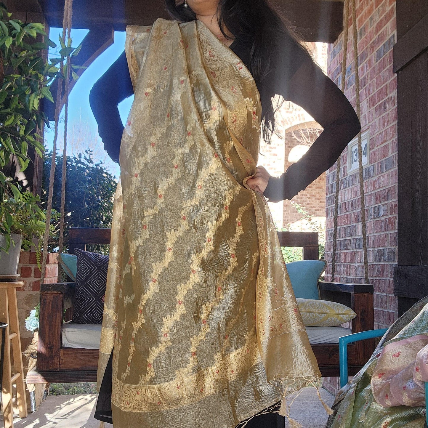 Tissue Silk Metallic Brown Dupatta, Crushed Tissue Dupatta with meenakari work