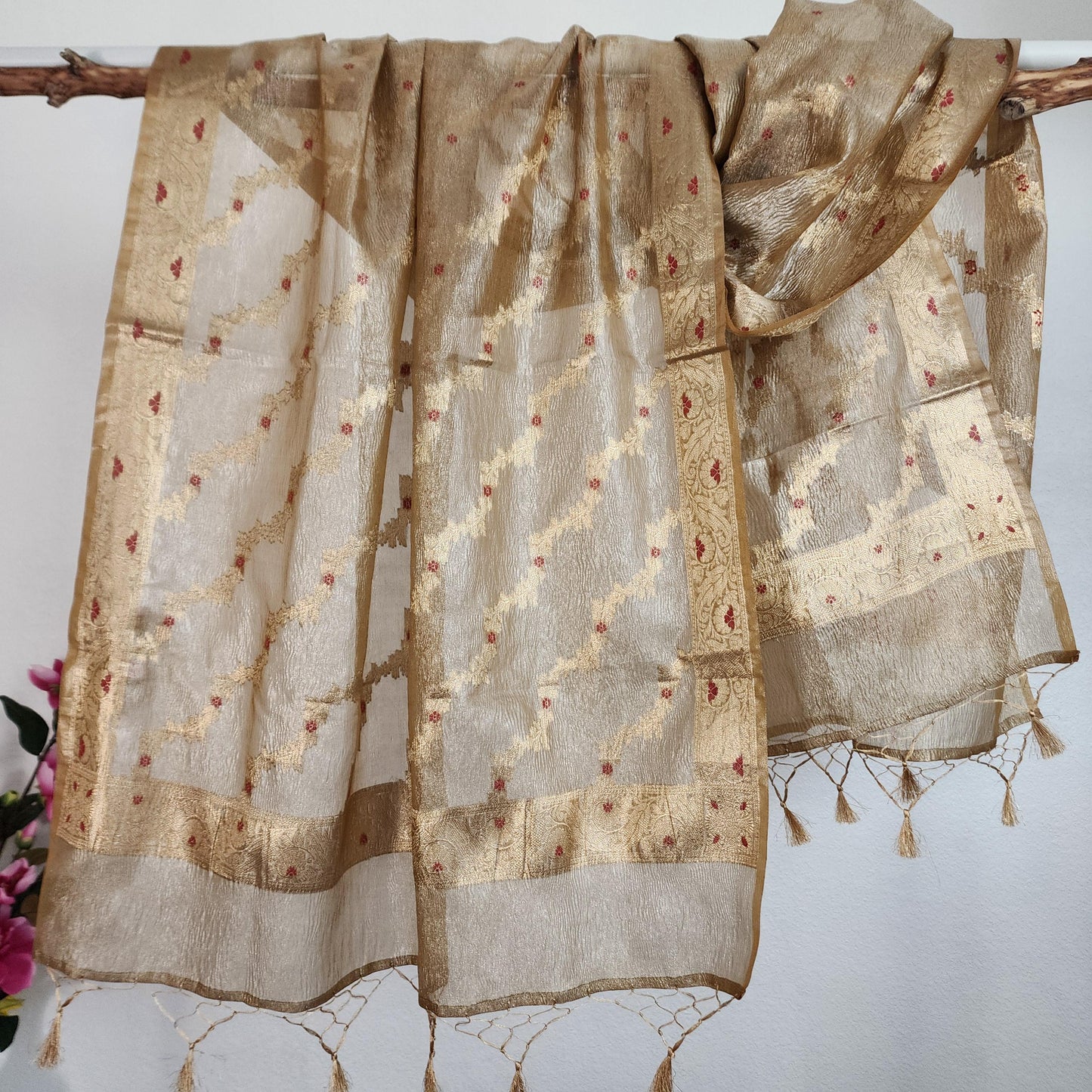 Tissue Silk Metallic Brown Dupatta, Crushed Tissue Dupatta with meenakari work