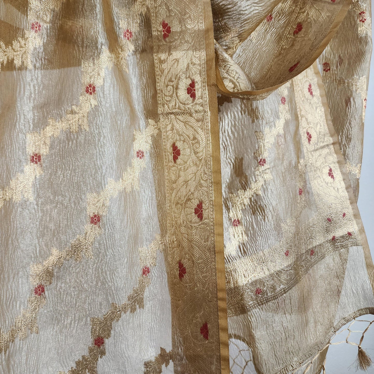 Tissue Silk Metallic Brown Dupatta, Crushed Tissue Dupatta with meenakari work