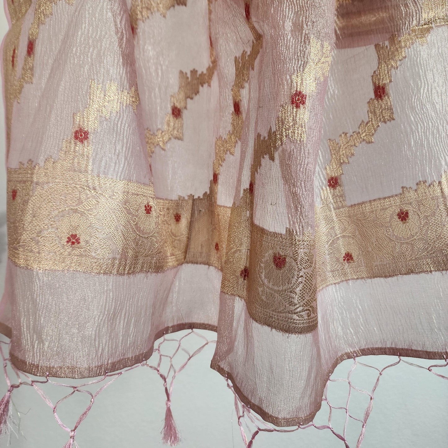 Tissue Silk Pastel Pink Dupatta, Crushed Tissue Dupatta with meenakari work