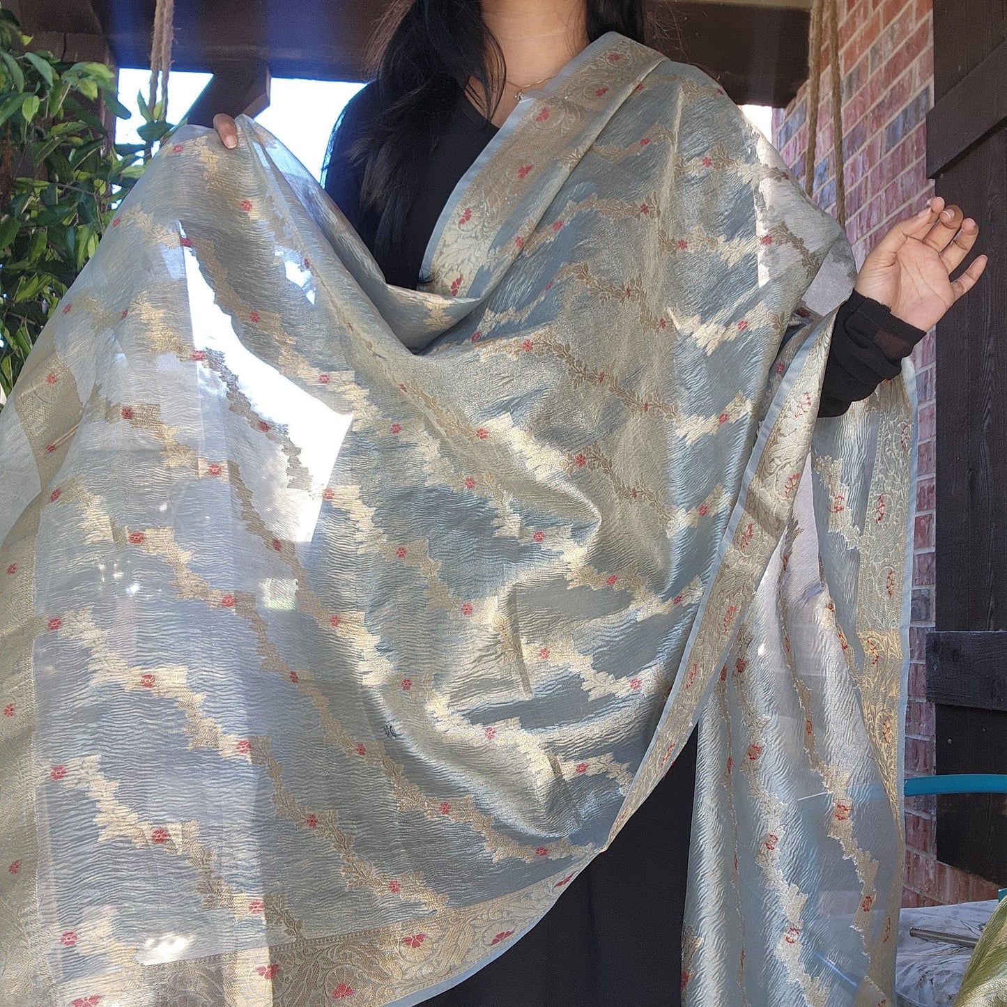 Tissue Silk Ice Blue Dupatta, Crushed Tissue Dupatta with meenakari work