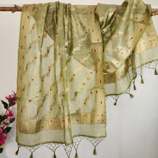 Tissue Silk Green Dupatta, Crushed Tissue Dupatta with meenakari work