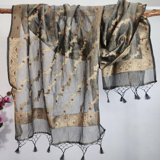 Tissue Silk Dark Gray Dupatta, Crushed Tissue Dupatta with meenakari work