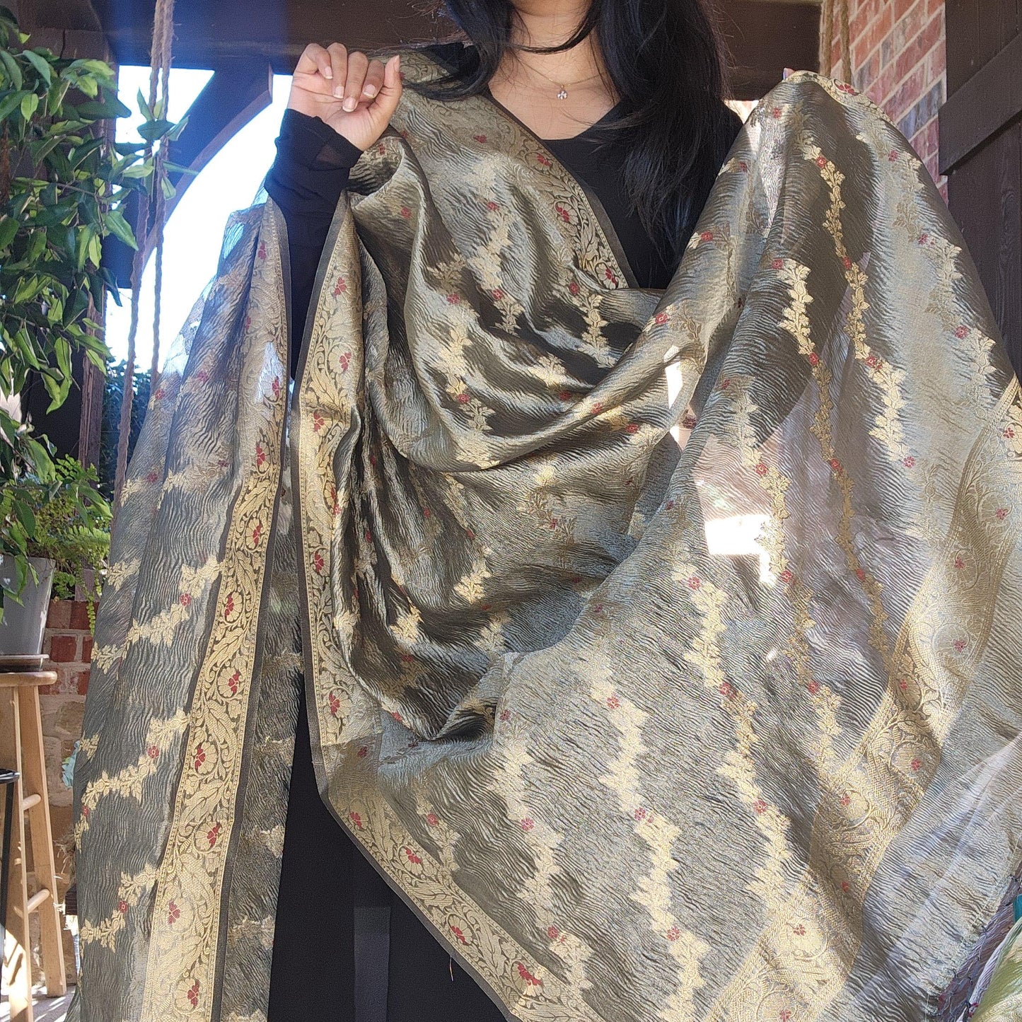 Tissue Silk Dark Gray Dupatta, Crushed Tissue Dupatta with meenakari work