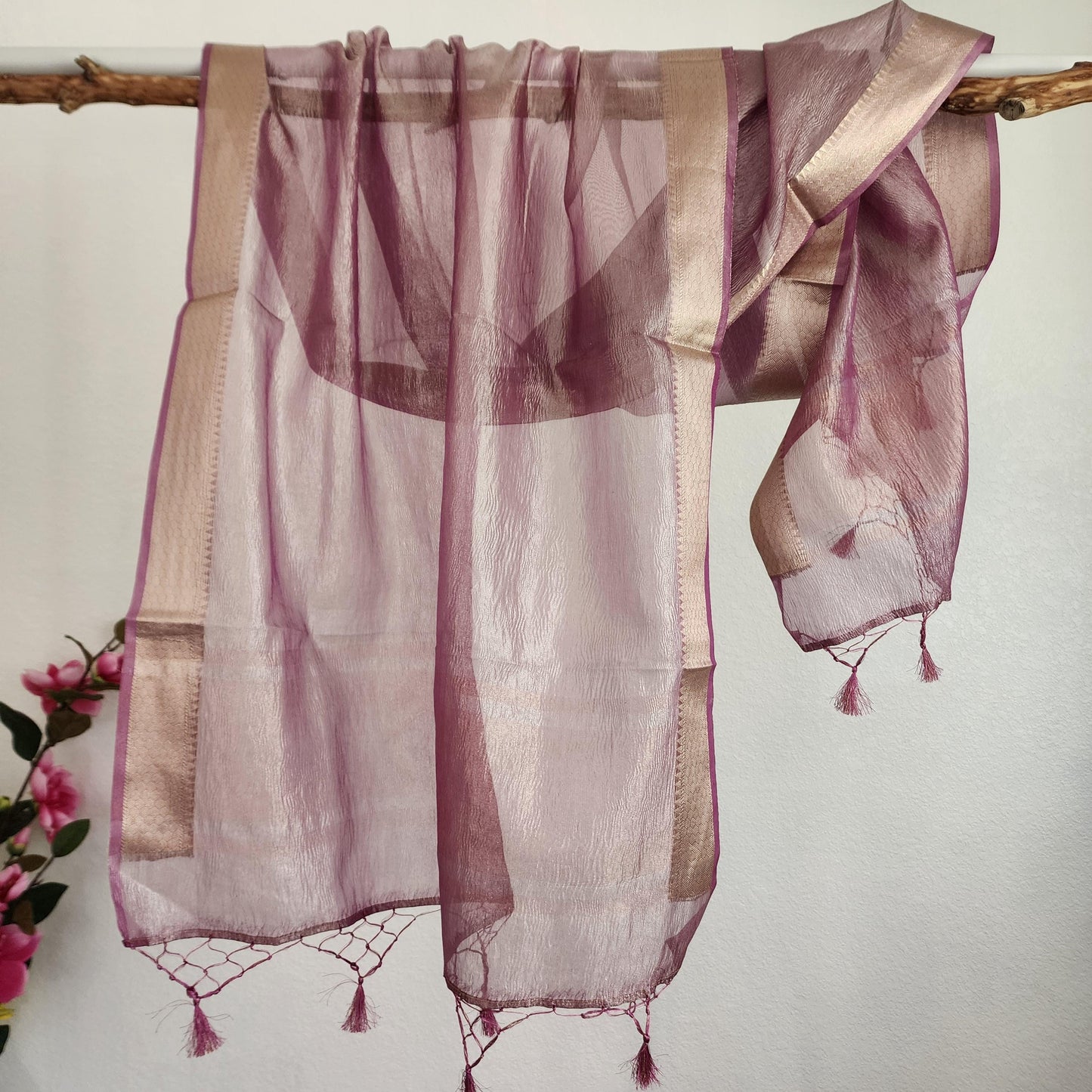 Tissue Silk Mauve Pink Dupatta, Crushed Tissue Indian traditional & Festive wear Dupatta