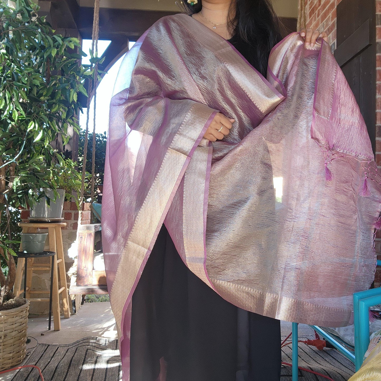 Tissue Silk Mauve Pink Dupatta, Crushed Tissue Indian traditional & Festive wear Dupatta