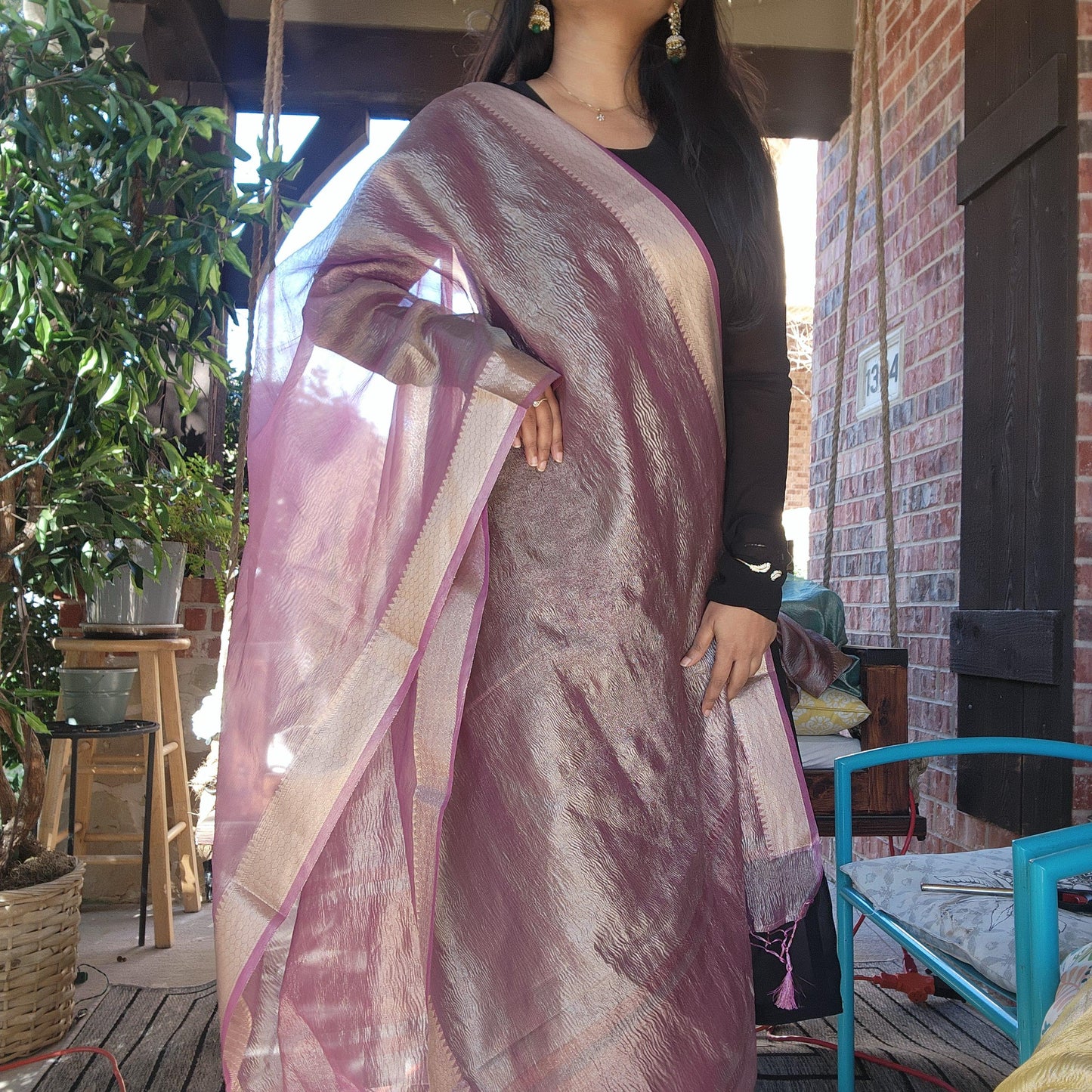 Tissue Silk Mauve Pink Dupatta, Crushed Tissue Indian traditional & Festive wear Dupatta