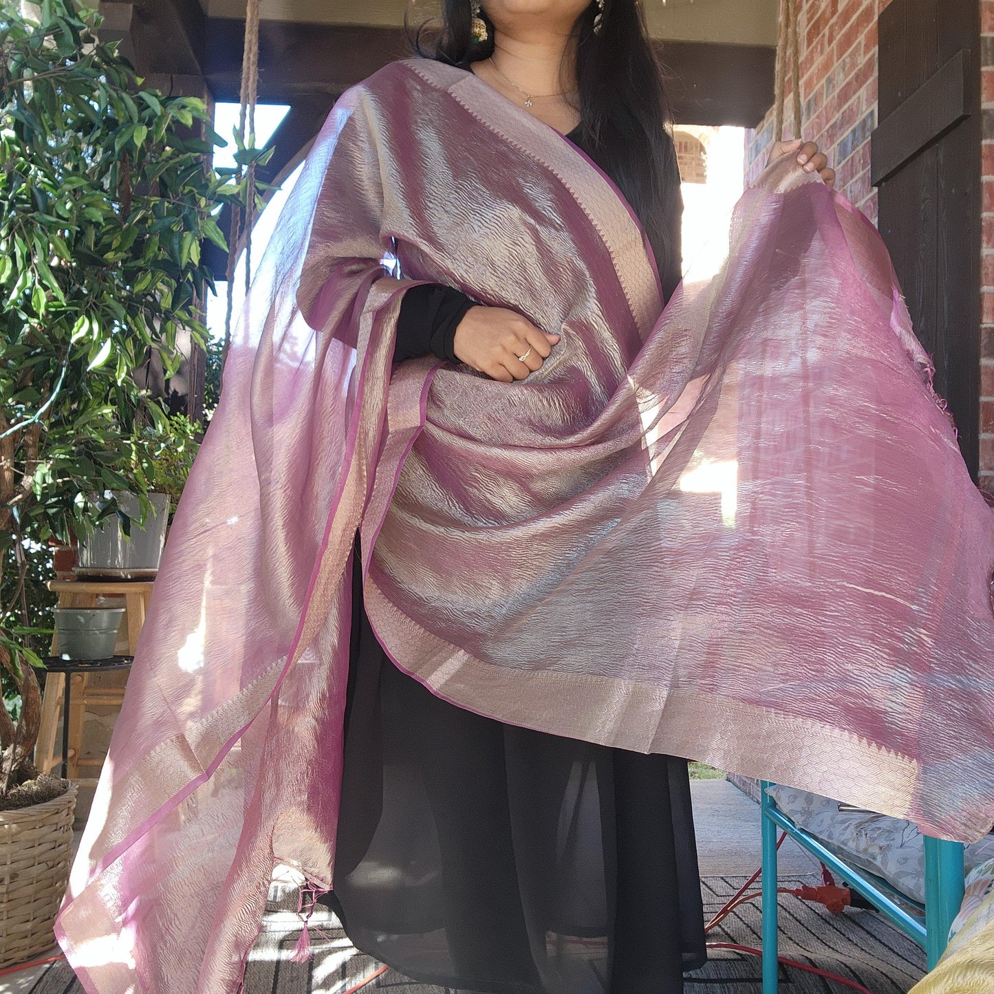 Tissue Silk Mauve Pink Dupatta, Crushed Tissue Indian traditional & Festive wear Dupatta