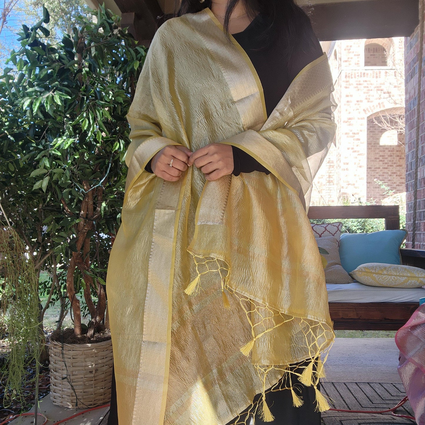 Tissue Silk Yellow Dupatta, Crushed Tissue Indian traditional & Festive wear Dupatta