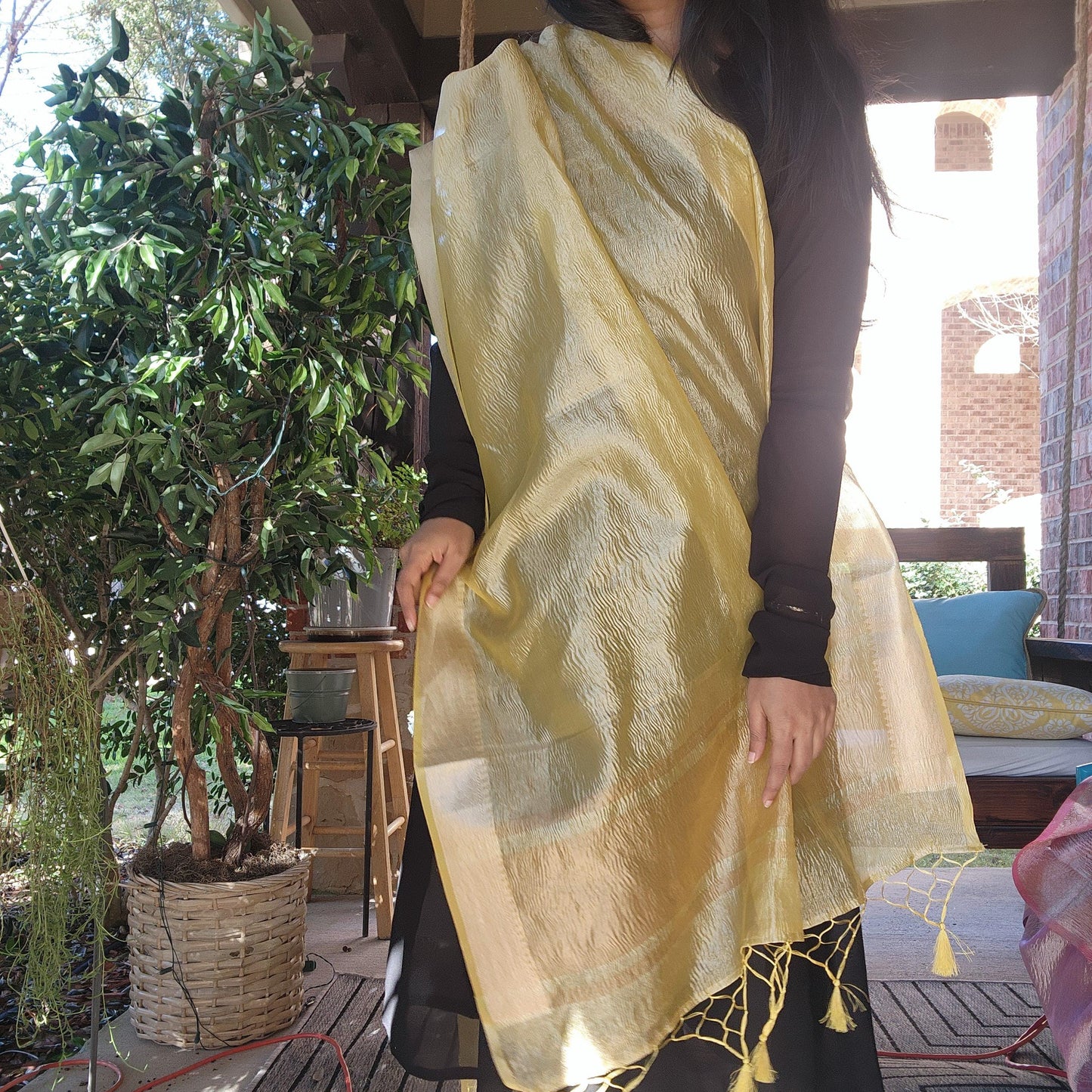 Tissue Silk Yellow Dupatta, Crushed Tissue Indian traditional & Festive wear Dupatta