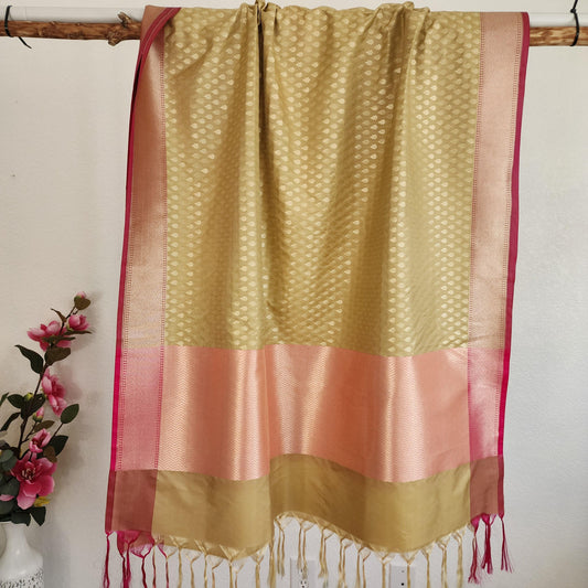 Banarasi Silk Beige & Magenta Dupatta with gold handweaving, Indian traditional and Festive designer dupatta, luxurious soft Banarsi dupatta