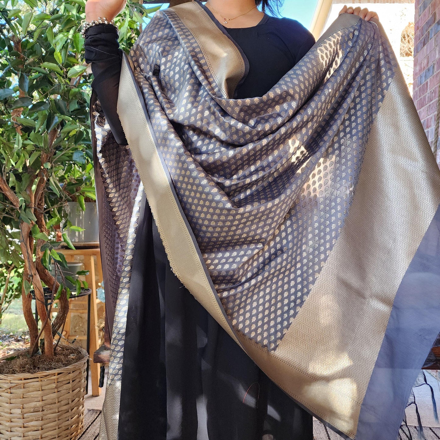 Banarasi Silk Gray Dupatta with gold handweaving, Indian traditional and Festive designer dupatta, luxurious soft Banarsi dupatta