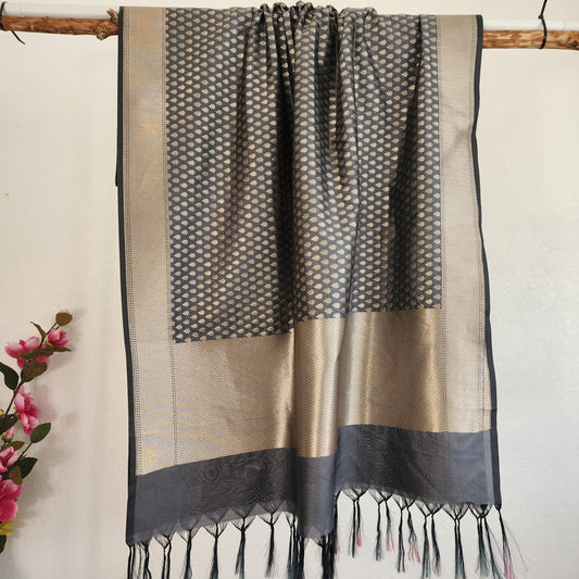 Banarasi Silk Gray Dupatta with gold handweaving, Indian traditional and Festive designer dupatta, luxurious soft Banarsi dupatta