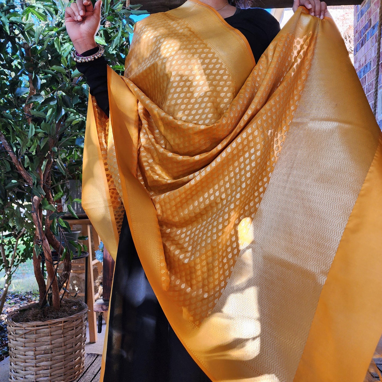 Banarasi Silk Mustard Yellow Dupatta with gold handweaving, Indian traditional and Festive designer dupatta, luxurious soft Banarsi dupatta