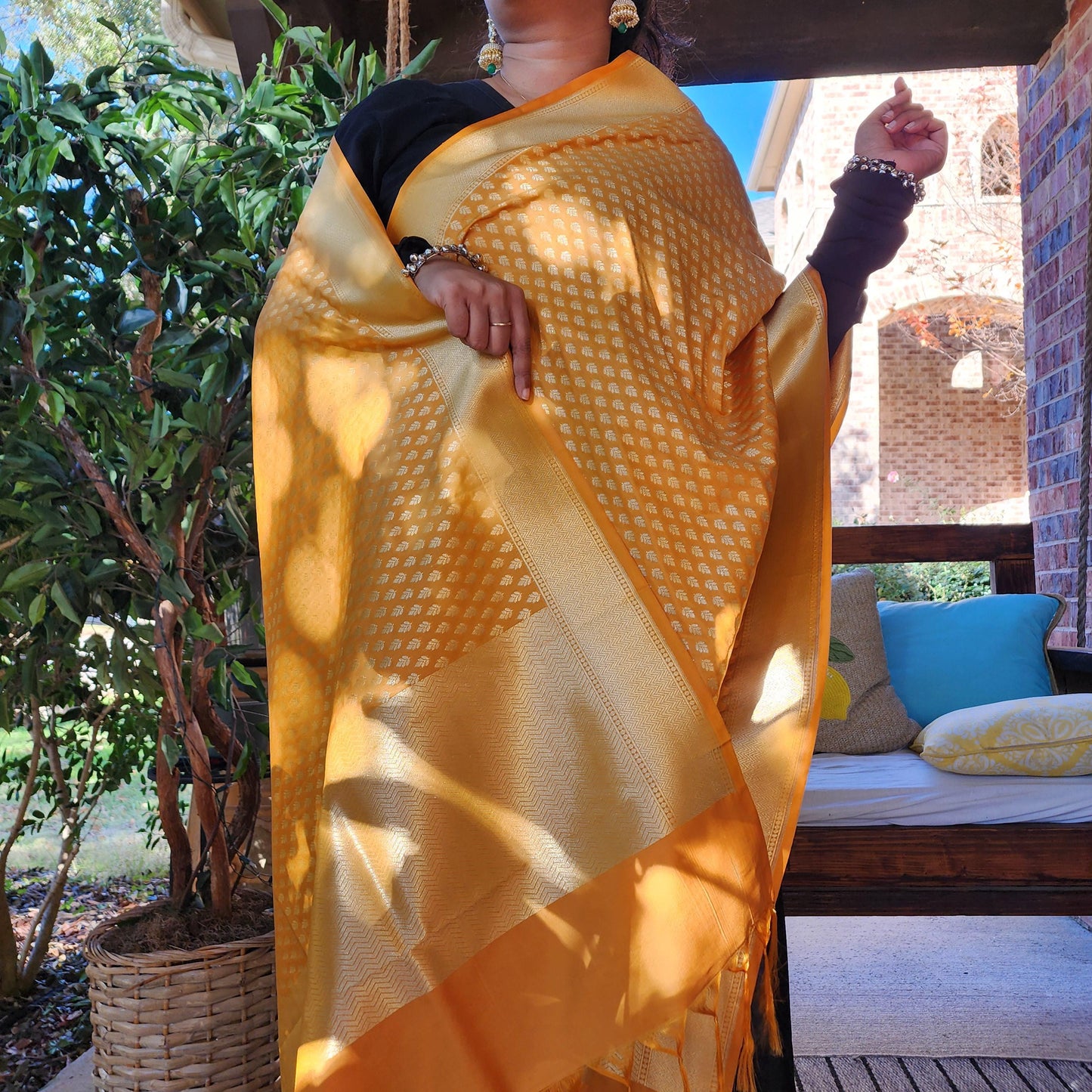 Banarasi Silk Mustard Yellow Dupatta with gold handweaving, Indian traditional and Festive designer dupatta, luxurious soft Banarsi dupatta