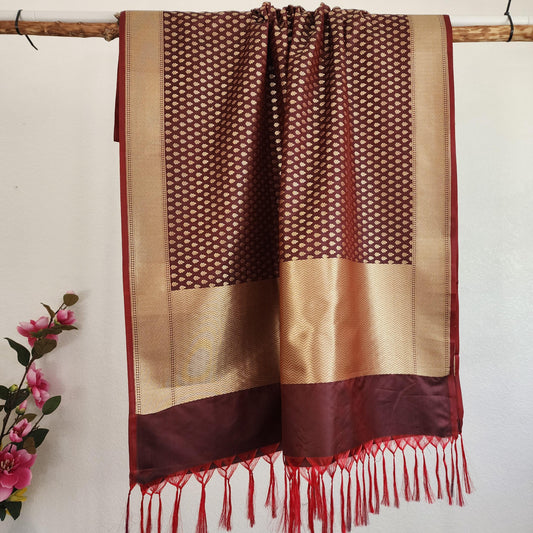 Banarasi Silk Brown Dupatta with gold handweaving, Indian traditional and Festive designer dupatta, luxurious soft Banarsi dupatta