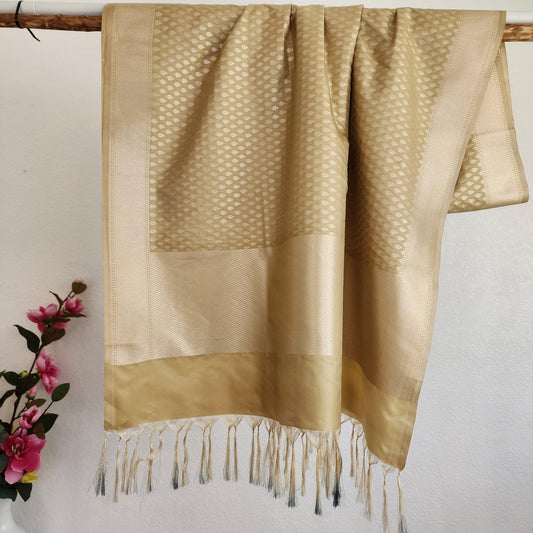 Banarasi Silk Biege Dupatta with gold handweaving, Indian traditional and Festive designer dupatta, luxurious soft Banarsi dupatta