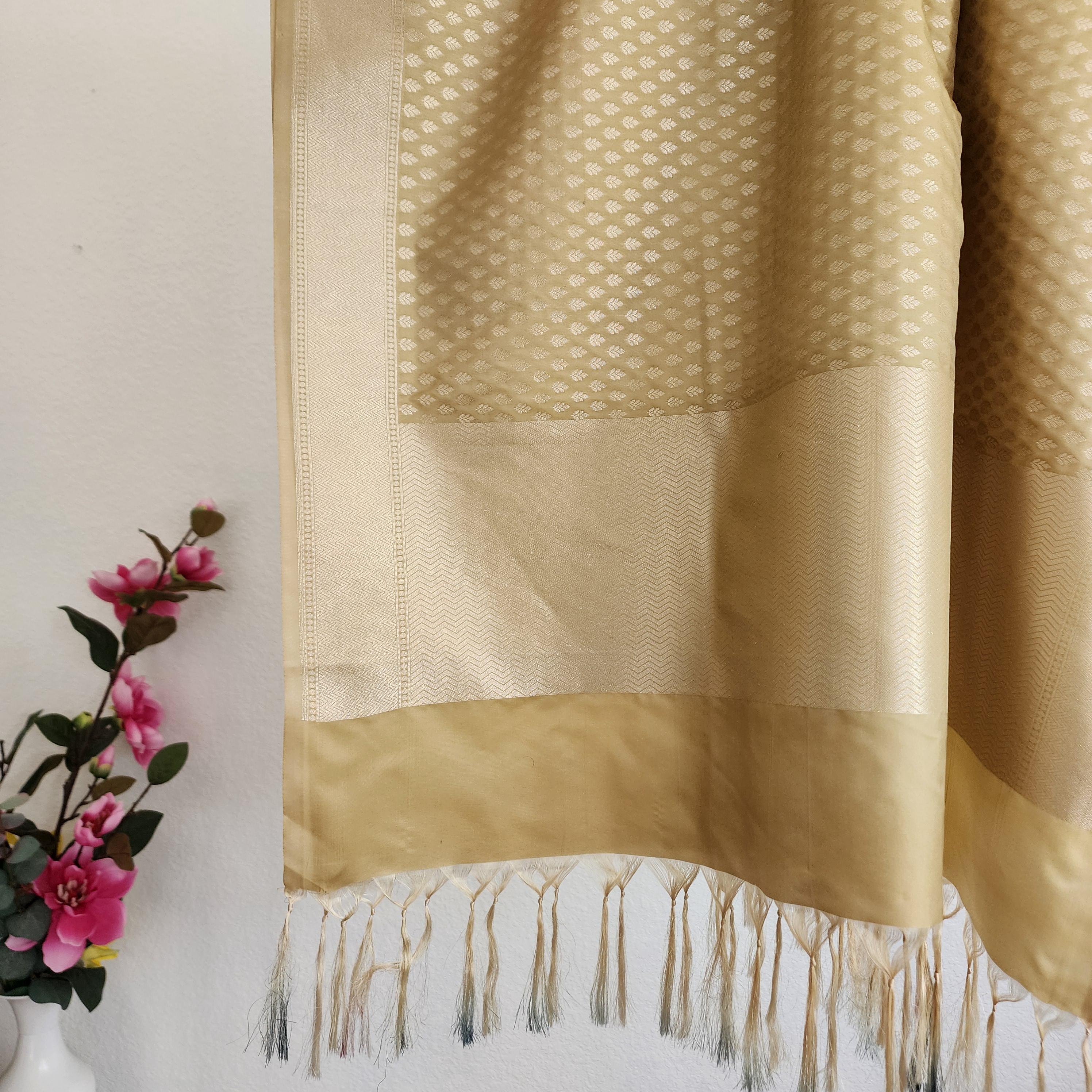 Banarasi Silk Biege Dupatta with gold handweaving, Indian traditional and Festive designer dupatta, luxurious soft Banarsi dupatta
