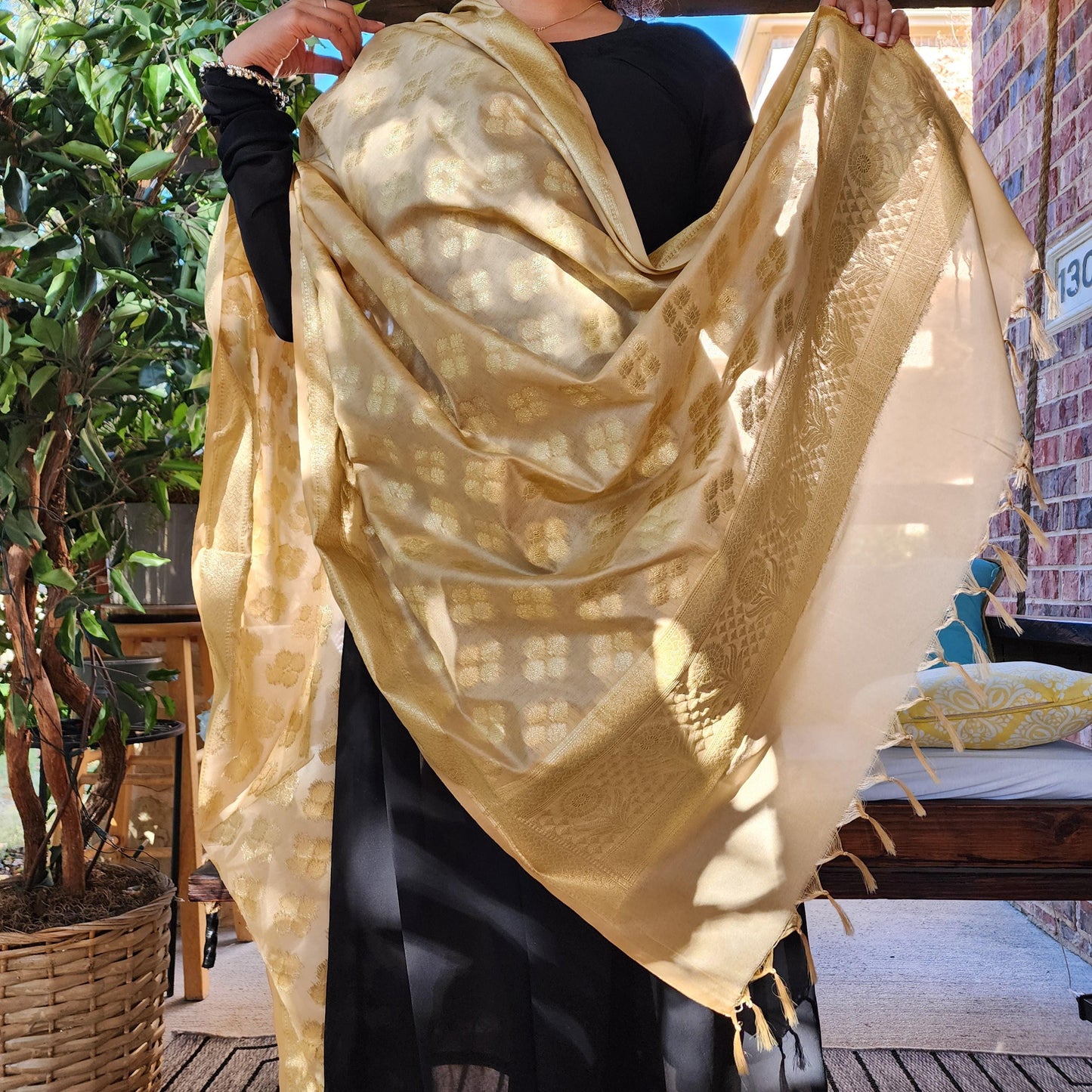 Banarasi Silk Beige Dupatta with gold handweaving, Indian traditional and Festive designer dupatta, luxurious soft Banarsi dupatta