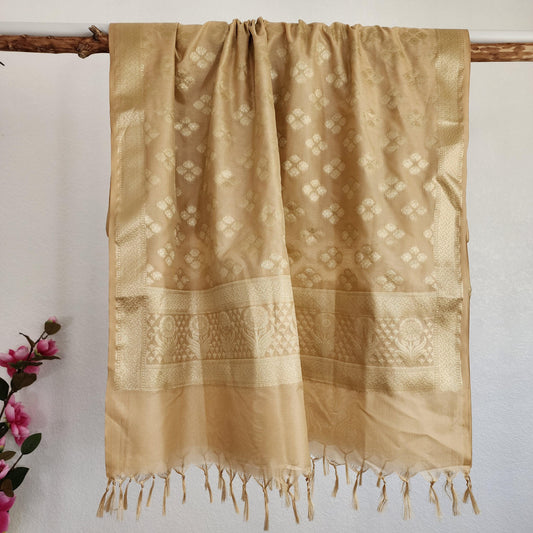 Banarasi Silk Beige Dupatta with gold handweaving, Indian traditional and Festive designer dupatta, luxurious soft Banarsi dupatta