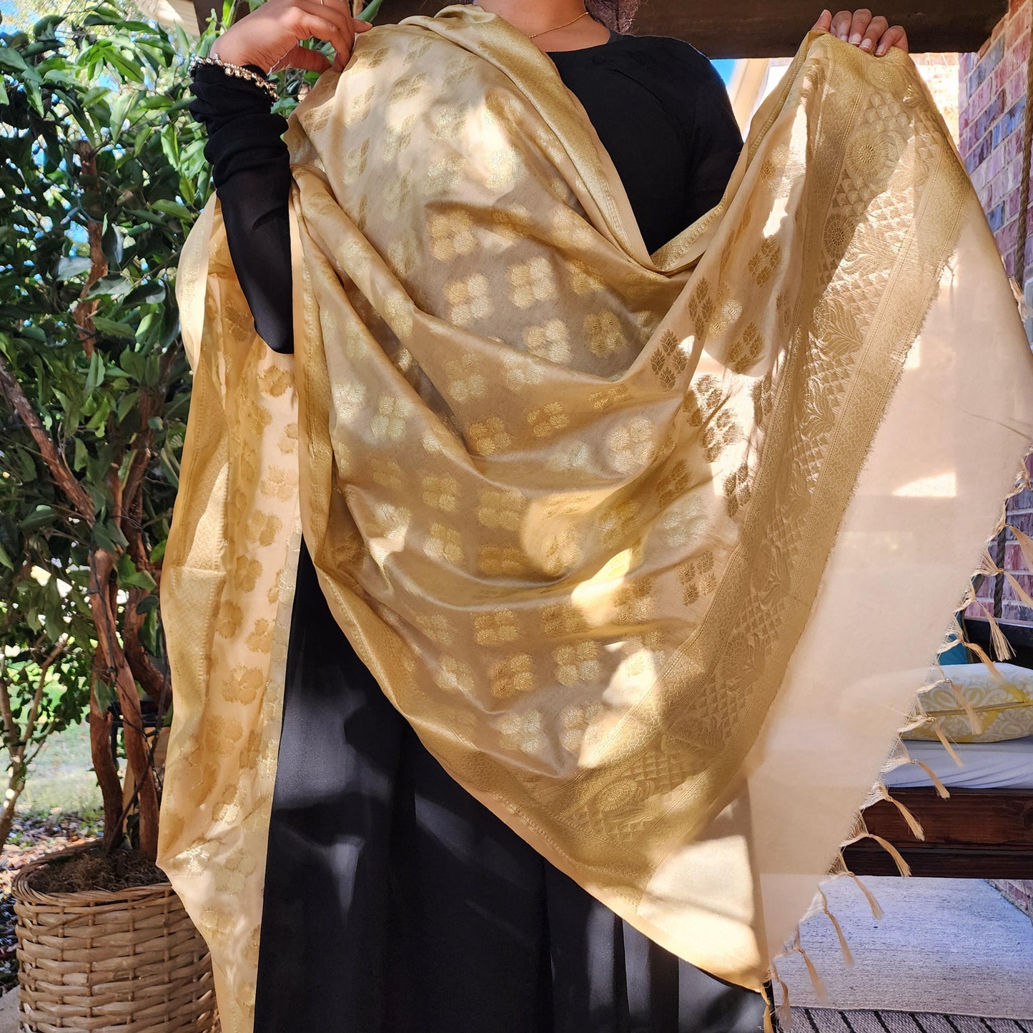 Banarasi Silk Beige Dupatta with gold handweaving, Indian traditional and Festive designer dupatta, luxurious soft Banarsi dupatta