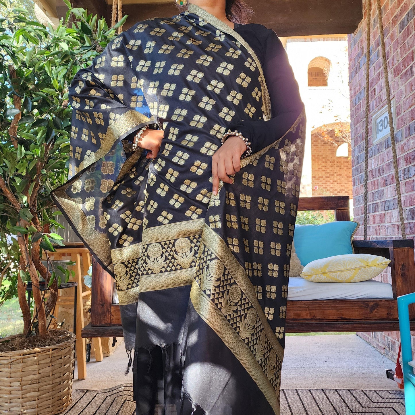 Banarasi Silk Black Dupatta with gold handweaving, Indian traditional and Festive designer dupatta, luxurious soft Banarsi dupatta