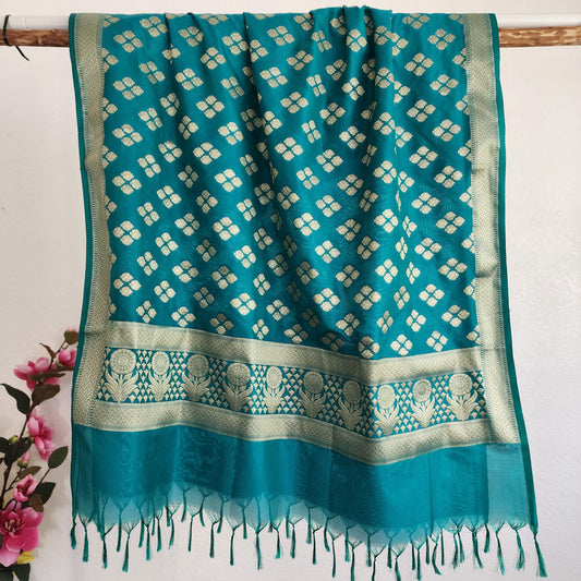 Banarasi Rama Green Color Dupatta with gold handweaving, Indian traditional and Festive designer dupatta, luxurious soft Banarsi dupatta