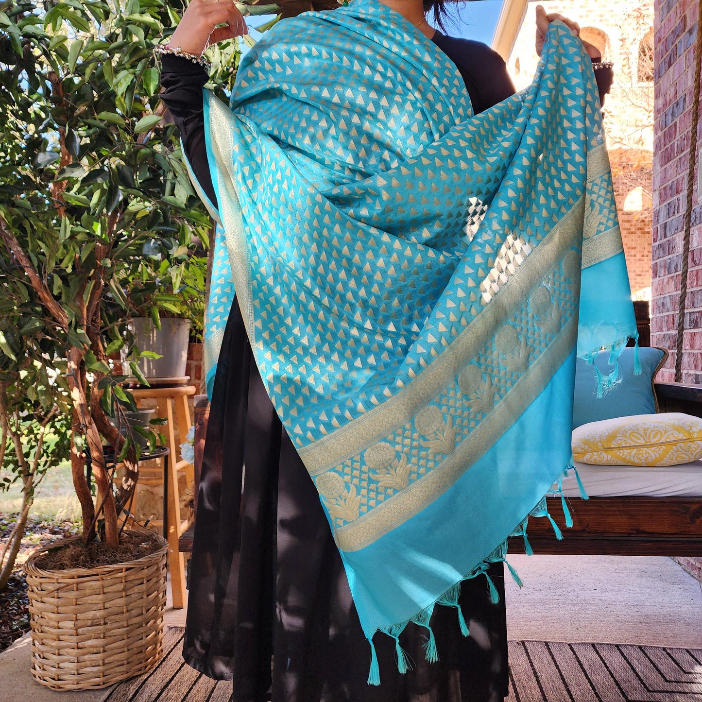 Banarasi Silk Sky Blue Dupatta with gold handweaving, Indian traditional and Festive designer dupatta, luxurious soft Banarsi dupatta