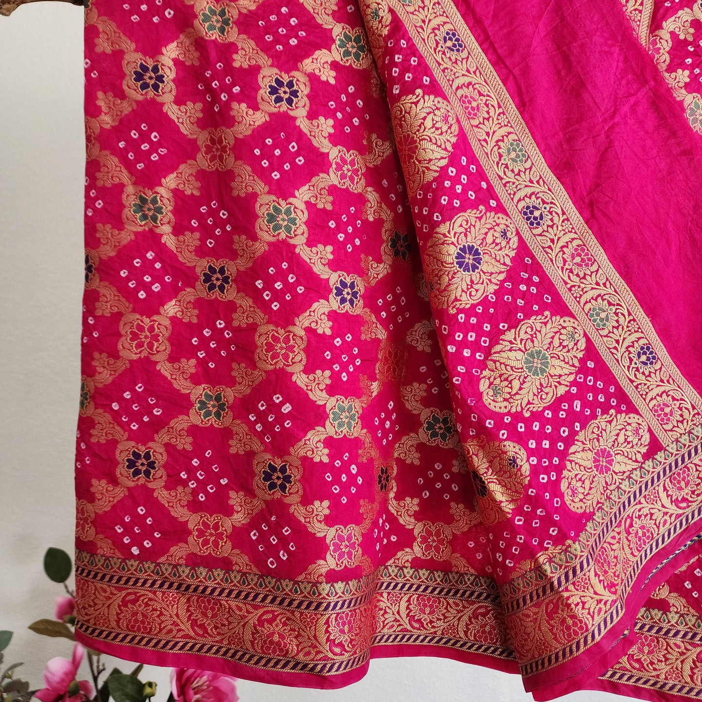 Banarasi Handwoven Bandhni Dupatta in Rani Pink, Beautiful Banarsi weaving in Gold