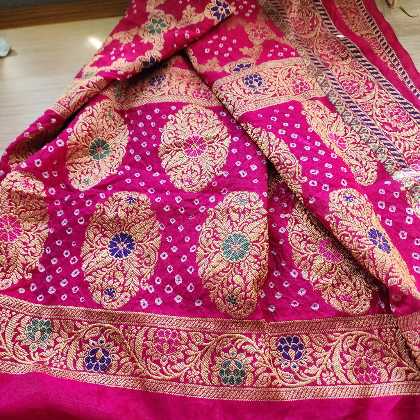 Banarasi Handwoven Bandhni Dupatta in Rani Pink, Beautiful Banarsi weaving in Gold