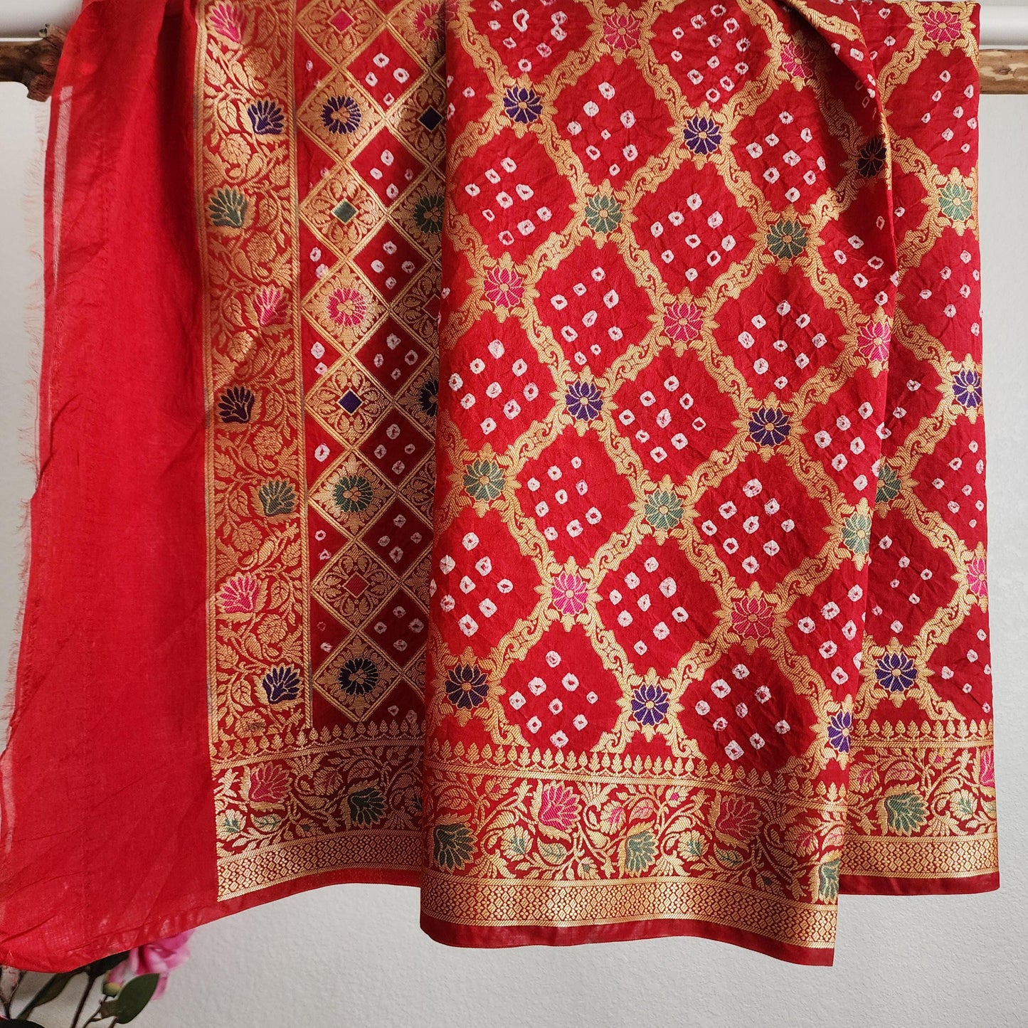 Banarasi Handwoven Bandhni Dupatta in Maroon Red, Beautiful Banarsi weaving in Gold