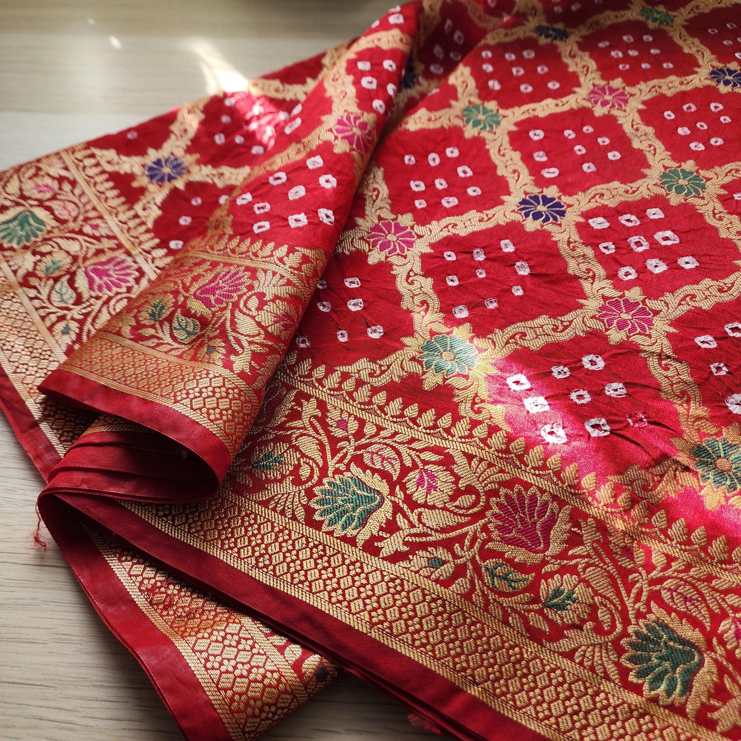 Banarasi Handwoven Bandhni Dupatta in Maroon Red, Beautiful Banarsi weaving in Gold