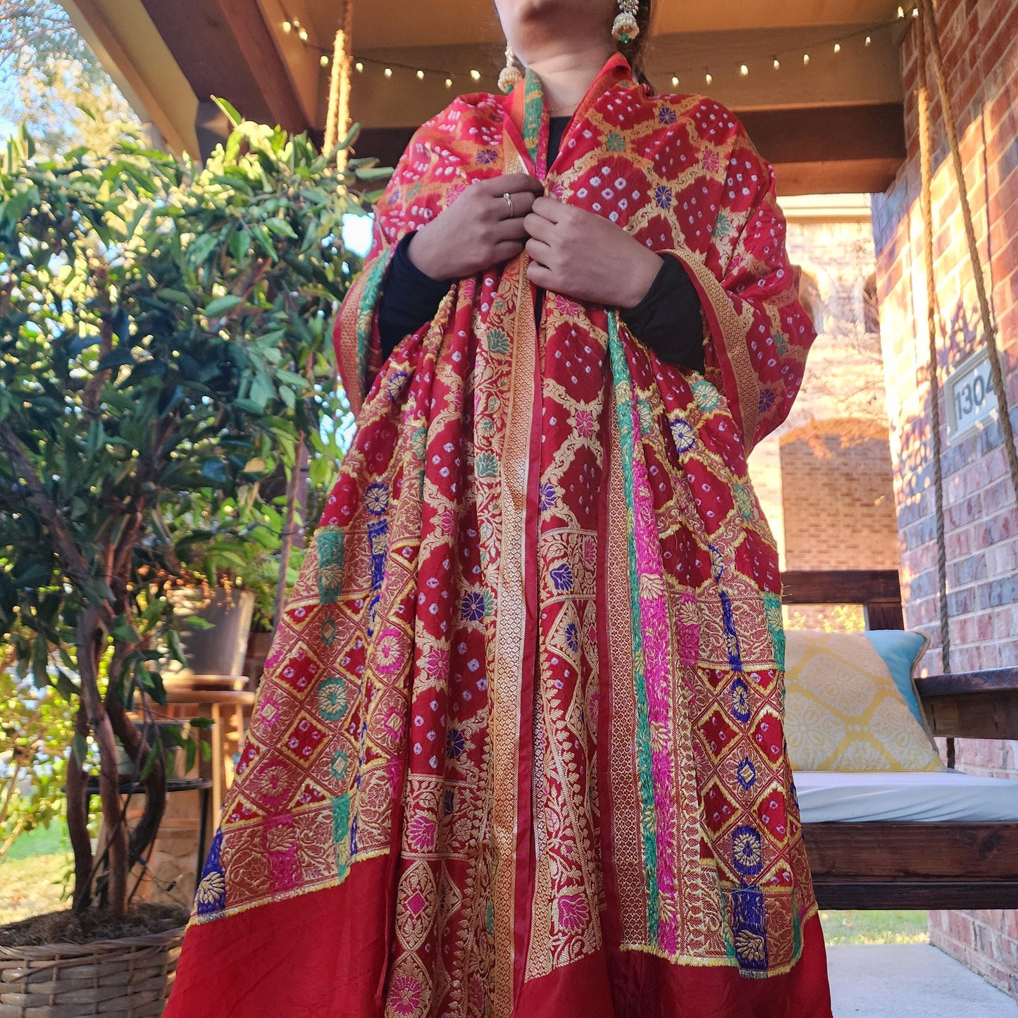 Banarasi Handwoven Bandhni Dupatta in Maroon Red, Beautiful Banarsi weaving in Gold