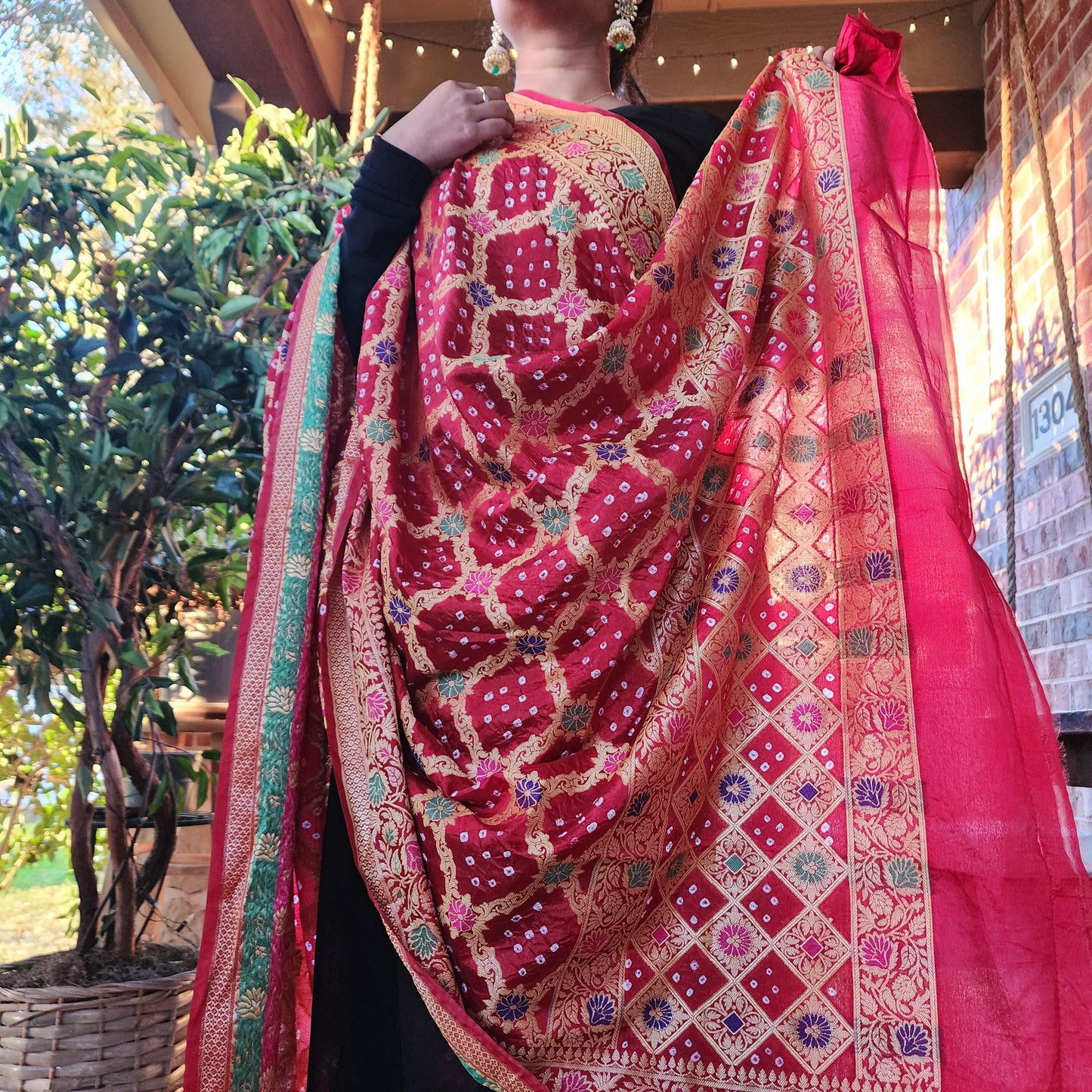 Banarasi Handwoven Bandhni Dupatta in Maroon Red, Beautiful Banarsi weaving in Gold