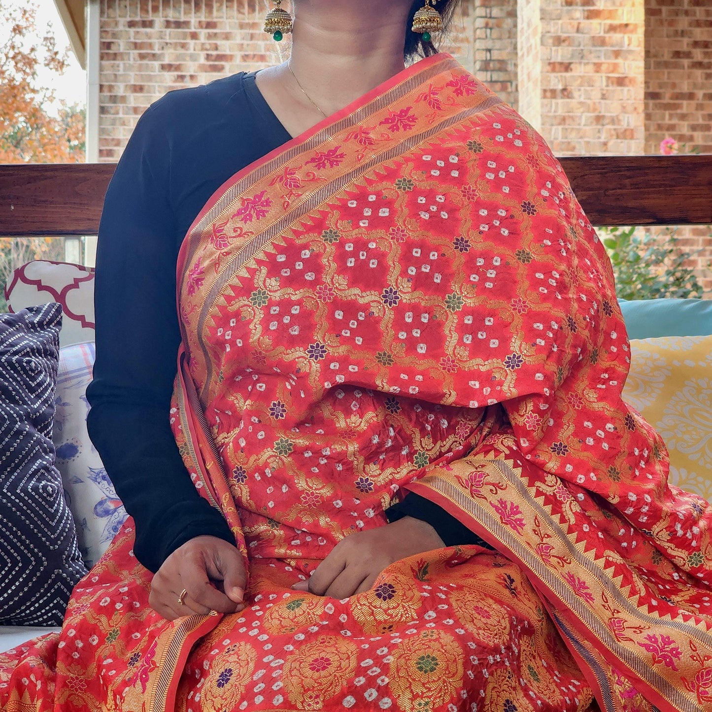 Banarasi Handwoven Bandhni Dupatta in Orange Bright Red, Beautiful Banarsi weaving in Gold