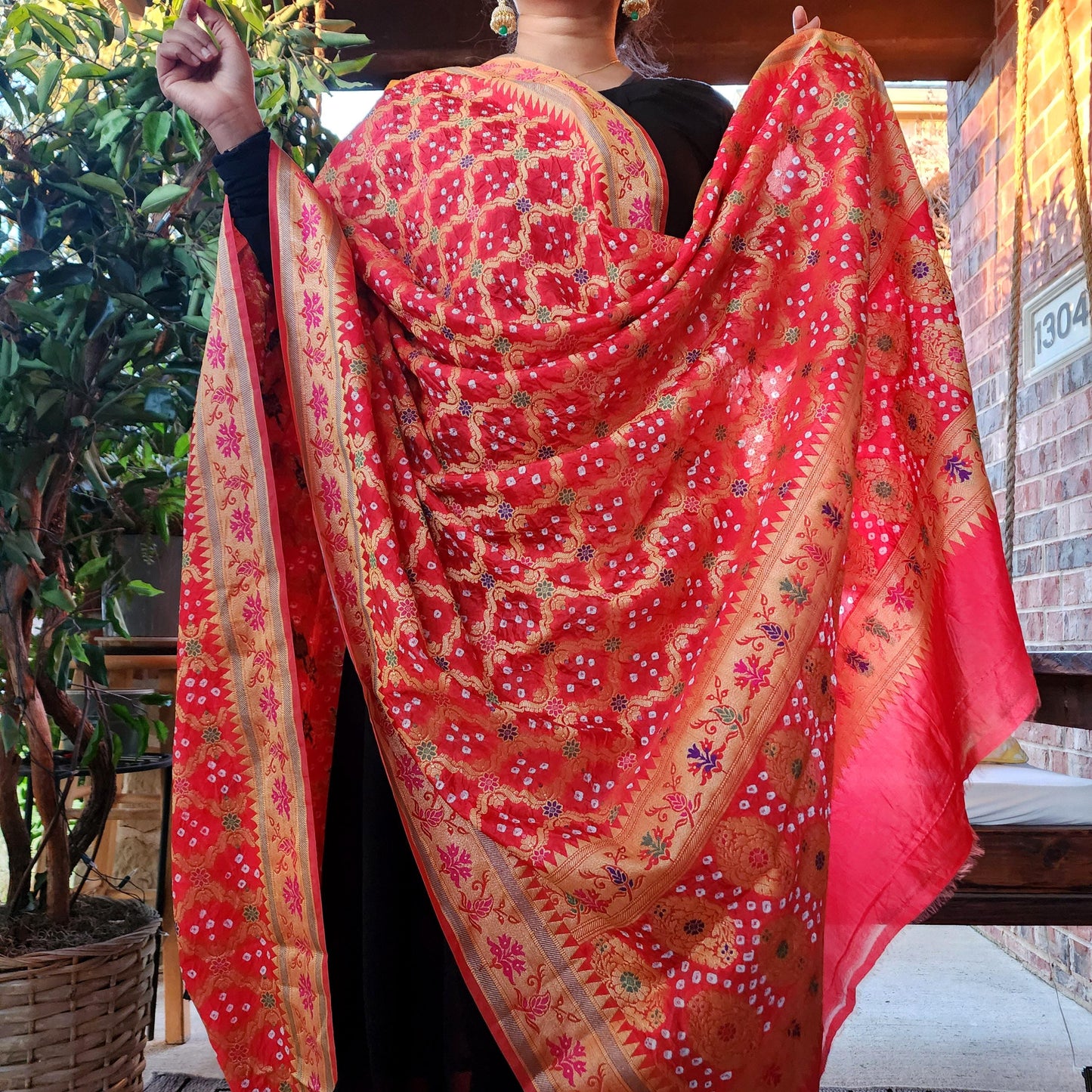 Banarasi Handwoven Bandhni Dupatta in Orange Bright Red, Beautiful Banarsi weaving in Gold